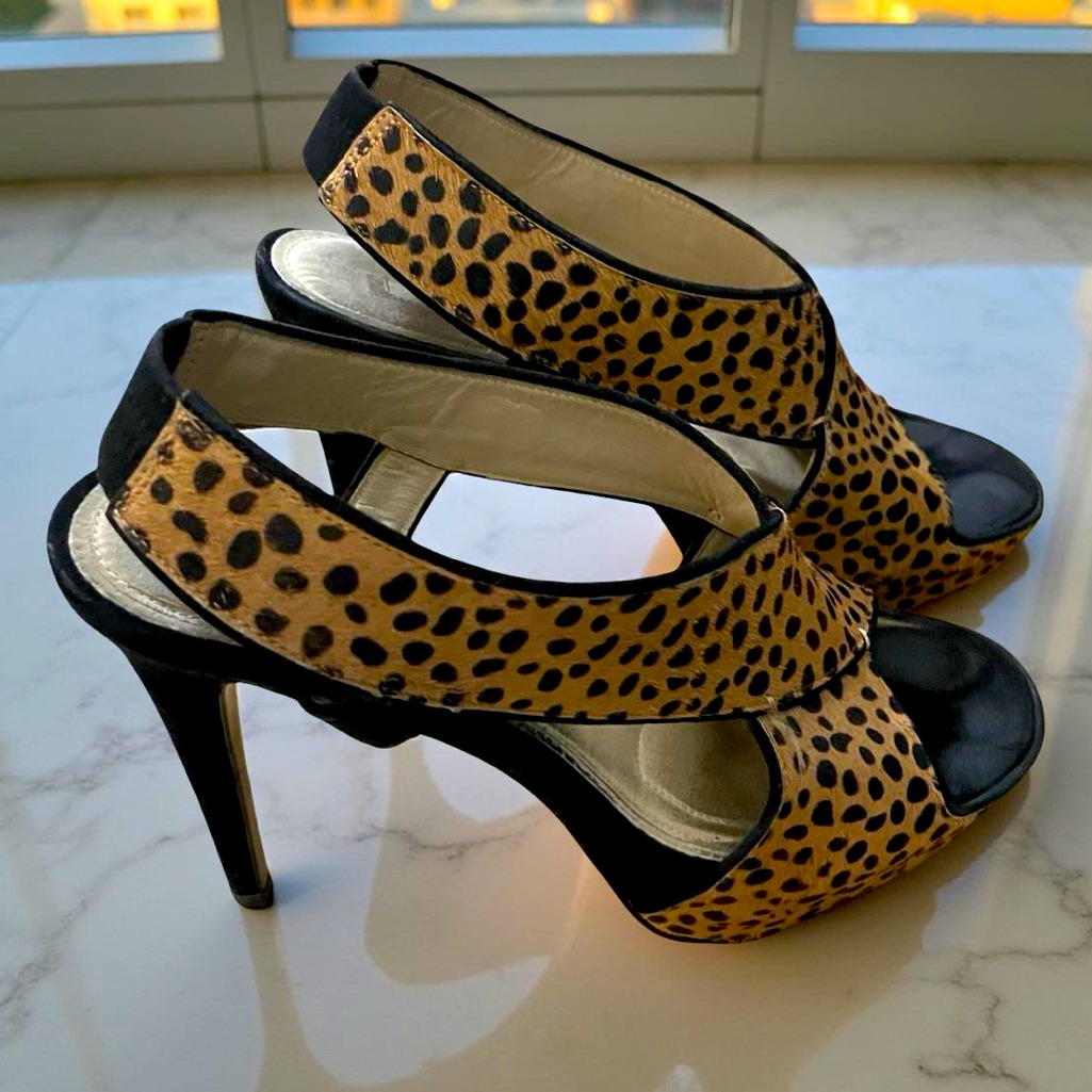Diane Von Furstenberg Zia Haircalf Tan Chocolate Spotted Pony Heeled Sandal 9.5